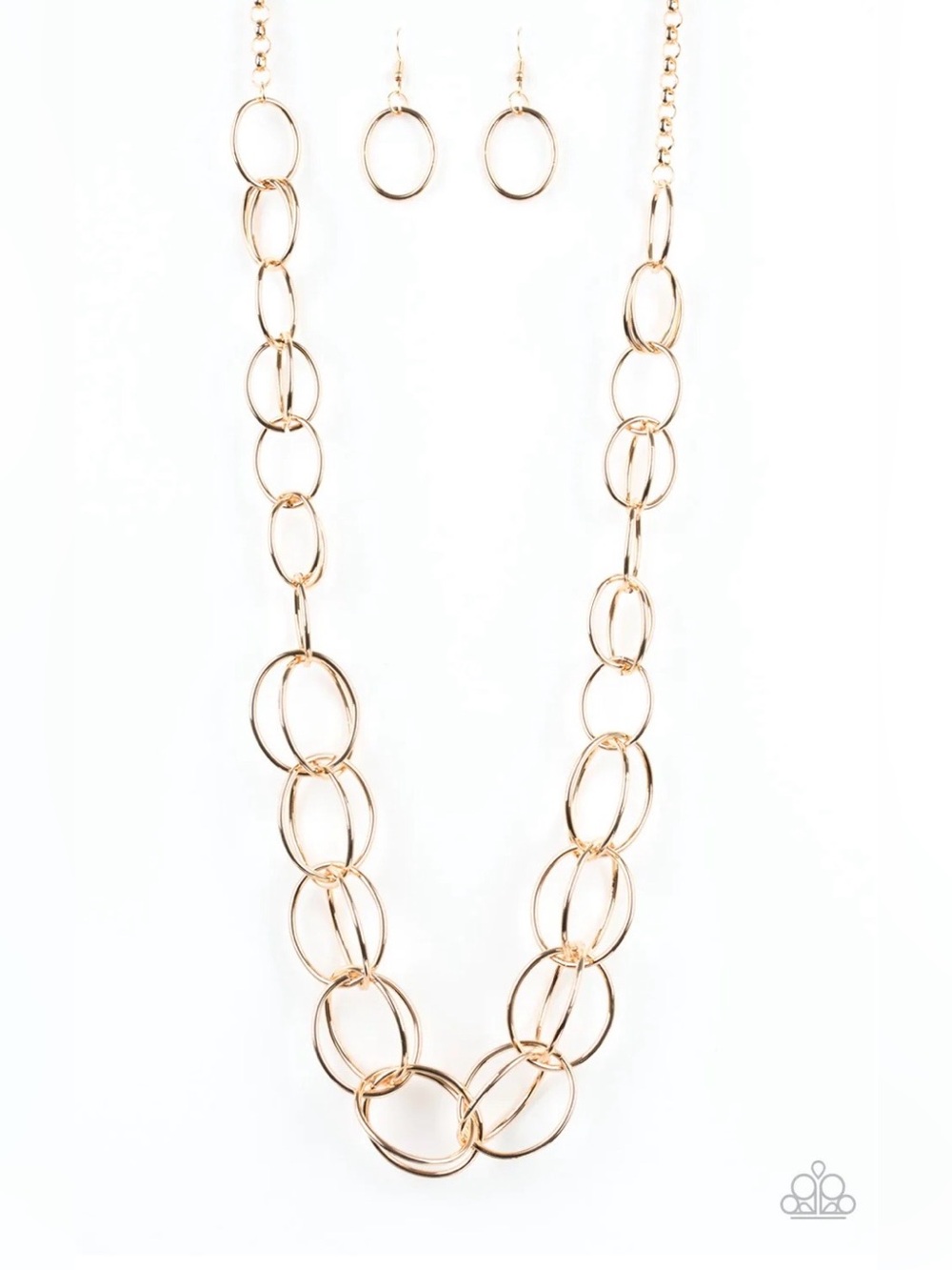 Paparazzi Shiny Gold Linked Oval Necklace and Hoop Earring Set